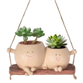 Marjoramy Hanging Flower Pots with Swing Face, Double Smiley Rocking Chair, Planter Succulent Pots with Drainage Hole, Resin Planters for Garden, Bedroom, School, Home
