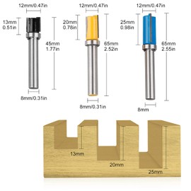 3 x 8 mm Shank Flush Cutter 8 mm Shank Router for Woodworking, Top/Bottom Bearing Flush Trim Bit