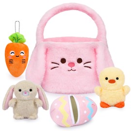 Easter Basket Plush Playset, 5PCS Pink Bunny Basket Filled with Chicken, Egg, Rabbit, Sheep Plush Toys for Kids, Easter Gift Bags for Egg Hunts, Candy Gifts Storage,Party Favors