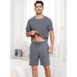 Sopesil Pyjamas for Mens Sets Short Sleeve Men's Pjs Cotton Striped Men's Pyjamas Shorts Sets Cosy With Pockets Sleepwear Soft Lounge Wear, Dark grey, XL