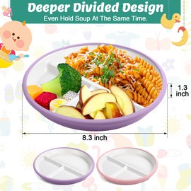 Domensi 2 Pack 8" Large Kids Porcelain Plates with Anti Slip Silicone Sleeves Divided Porcelain Plates Microwave Dishwasher Safe for Toddlers Baby Kids Eating (Pink,Purple)