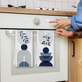 Yjeslw Navy Blue Boho Kitchen Towels, Mid Century Modern Decor Hand Dish Towels Decor, Boho Abstract Minimalist Botanical Tea Towel for Kitchen Bathroom Decorative, 16x24 Inch Set of 2