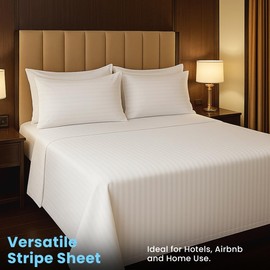 Linteum Textile Flat Bed Sheets - 1 Pack, 98x120 Inches - Queen White Stripe Soft Cotton Blended Top Sheet 250 Thread Count, Shrinkage & Fade Resistant - Ideal for Hotel, Motel & Rental Properties