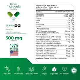 VITAMIN K2+D3 INFINTIY Liposomal 300 capsulas (500mg por porcion) Complejo de Vitaminas K2 (MK4 y MK7) + Vitamina D3 con MCT OIL y Folato, by Eternal Nutrition - Ingredientes Naturales Premium de USA