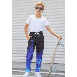 Big Boys Cool Pants Boys with Drawstring 3D Printed Blue Flaming Fire Sweatpants for Boys Girls Size 10 12 Spring Black Flame Smoke Joggers 11 13 Years Youth Exercise Active Clothes for Boys