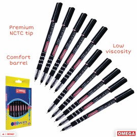 OMEGA Plus 925 Ballpoint Pens, BLACK, Fine Point (0.7 mm), Pack of 10, Smooth Ball Pens, Multipack, Perfect for School Office Home Everyday Use