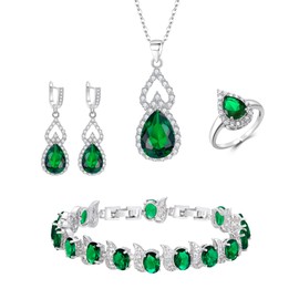 Clearine Jewellery Set for Women Silver Plated Emerald Colour Teardrop Cubic Zirconia Necklace Open Adjustable Ring Earrings Bracelet Set for Wedding/Anniversary/Mothers Day