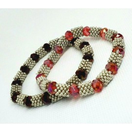 Two Aurora Borealis Pink Purple Faceted Silver Tone Beaded Stretch Bracelets