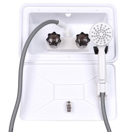 Awelife RV Outdoor Shower Exterior Shower Box Kit, Easy Install RV Outdoor Shower with Leak-Proof Coiled Hose, Direct Replacement for Campers, Van, Travel Trailer, Motorhome and Boat, White