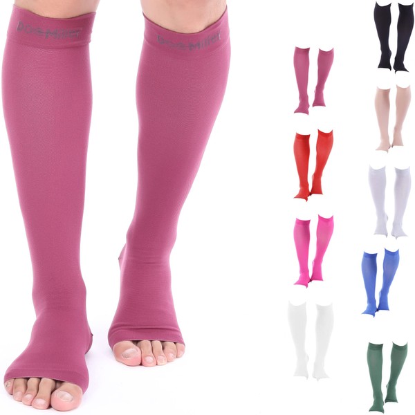 Doc Miller Open Toe Compression Socks, 15-20 mmHg, Toeless Compression Socks Women and Men for Maternity, Shin Splints & Calf Recovery, 1 Pair Maroon Knee High Small