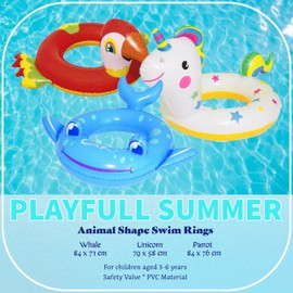 Pool Inflatables Floats for Swimming Pools - Pack of 3 Cute Unicorn, Parrot & Wales Design Swimming Pool Float Swim Ring with Topline Card. Pool Floats for Kids 3-6 Years