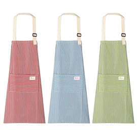Hwtcjx 3 Pcs Kitchen Aprons for Women, Adjustable Stripe Aprons, Chef Bakers Apron, Unisex Adjustable Bib Apron, Cooking Apron with 2 Pockets for Cooking Baking Gardening (Blue, Red, Green)