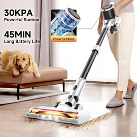 BSNAW Cordless Vacuum Cleaner for Home - Lightweight, Stick Vacuum Clean with Rechargeable Battery, Max 45Mins Runtime, 8 in 1 Handheld Vacuum for Hardfloor & Carpets Pet Hair, White&Yellow
