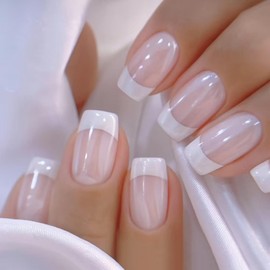 French Tip Press on Nails Short Square Nail Press ons Chrome Fake Nails with Design Glossy Glue on Nails Artificial Acrylic Full Cover Stick on Nails Glossy False Nails for Women Girls Manicure 24Pcs