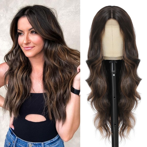 NAYOO Long Wavy Wigs for Women Middle Part Dark Brown