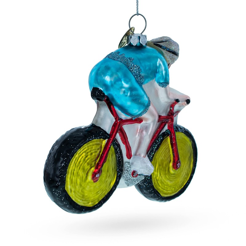 Cycling Sportsman on Bicycle Blown Glass Christmas Ornament