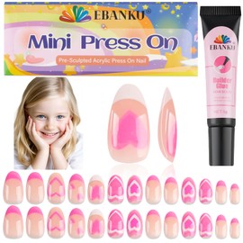 26 Stück Nägel Aufdrücken für Kinder, EBANKU Kid Falsche Nägel Kit Rosa Herz Aufpressnagel mit Nagelkleber Falsche für Kinder Mädchen