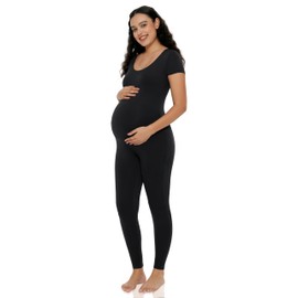 POSHDIVAH Women's Maternity Jumpsuit Romper Leggings Pregnancy Short Sleeve T Shirts Bodycon Bodysuit Shapewear Black X-Large