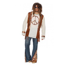 shoperama Hippie Peace Men's Costume with Denim Flares - 60s and 70s / Sixties and Seventies Flower Power, 48, brown/blue