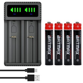 Batmax 4 pilas recargables AAAA Ni-MH + cargador USB dual LED con puerto tipo C para lápiz óptico activo y más; A, AA, AAA, AAAA, AAAA, AAAA, N tamaño, C baterías