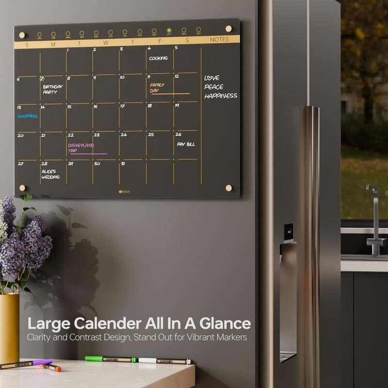 Black Glass Golden Monthly Dry Erase Calendar Whiteboard for Wall,