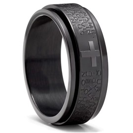 Adreamz Our Father Spinner Ring - Black Stainless Steel Religious Cross Serenity Prayer Fidget Spinner for Anxiety Lord's Prayer Rotatable Ring 14