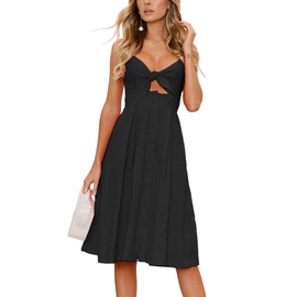 ECOWISH Women 2024 Summer Dresses Tie Front V-Neck Spaghetti Strap Button Down A-Line Backless Swing Midi Dress 572 Black S