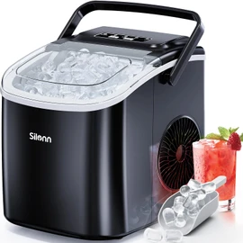 Silonn Countertop Ice Maker, 9 Cubes Ready in 6 Mins, 26lbs in 24Hrs, Self-Cleaning Ice Machine with Ice Scoop and Basket, 2 Sizes of Bullet Ice for Home Kitchen Office Bar Party, Black