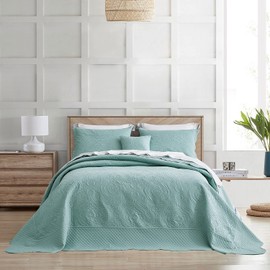 HZ & HY Oversized King Bedspread 128x120 Extra Wide, Ultrasonic Coverlet Bedding Set, Lightweight Thin Comforter, Reversible, 5 Piece, 100% Microfiber, Seaglass