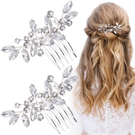 Pndeyo 2pcs Sparkle Rhinestone Hair Comb for Women, Non-Slip Bridal Hair Side Comb, Wedding Crystal Hair Accessories for Long Short Curly Straight Wavy Hair- Silver