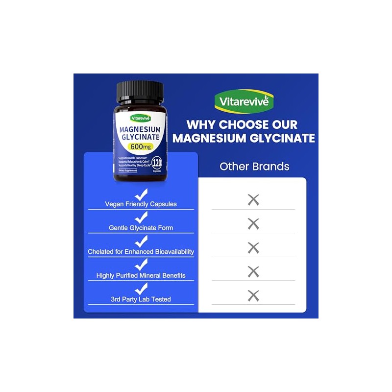 Pure Magnesium Glycinate 600mg - Magnesium Bisglycinate Supplement, High Absorption