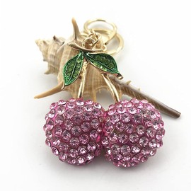 JINZHOUFZ Lovely Fruit Cherry with Leaves Keychain Crystal Keyring Rhinestones Purse Pendant Handbag Charm (Purple)