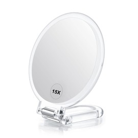 LFOYOU Magnifying Handheld Mirror Double Sided, 1X 15X Magnification Hand Mirror, Travel Folding Held Adjustable Rotation Pedestal Makeup Desk Vanity Mirror