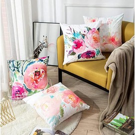 BAOKU Peonies Pink Flower Cushion Covers 45 x 45 cm Summer Watercolor Modern Decorative Throw Pillow Covers Soft Pillowcases for Sofa Bed Home Garden Patio Decor Set of 4