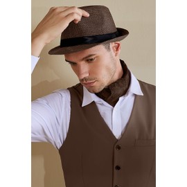 BABEYOND Straw Trilby Fedora Hat for Men-1920s Felt Panama Hat Short Brim Summer Cap with Ribbon A-Brown