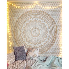 raajsee Metallic Gold Tapestry Wall Hanging Mandala-Bohemian Dorm Decor Hippie Tapestries-Boho Bedding Golden bedspread yoga mat throw
