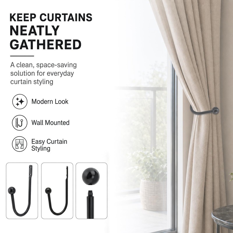 HOJLKLD Curtain Holdbacks, 4 Pcs Wall Mounted Metal Curtains Hook