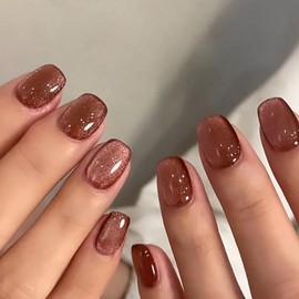 Cat Eye Ombre Press on Nails Short Fake Nails - Square Artificial Nails Brown Full Cover Nails Press ons Glossy Glitter Acrylic Nails Reusable False Nails for Women 24 Pcs