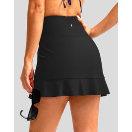 Soothfeel Women's Swim Skirt with Pocket High Waisted Ruffle Tummy Control Tankini Swimsuit Bathing Suit Bottoms (Black,M)