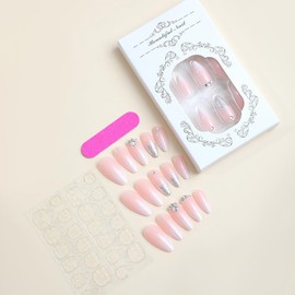 ANDGING Ombre White Almond Press on Nails Short Medium Pink Glue on Nails with Rhinestone Bling Designs Glitter Manicure Fake Nails False Nails for Wedding Fantasy Acrylic Stick on Nails for Women