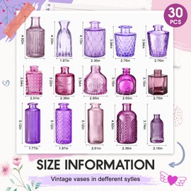 Yaomiao 30 Pcs Vases Bulk Colored Flower Glass Bud Vases Valentine Vintage Colored Glass Bottles Colorful Rustic Embossed for Home Wedding Table Decorations Gifts(Purple Series)