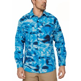 PIQIDIG Men's Sun Protection Fishing Shirts Long Sleeve Travel Work Shirts for Men UPF50+ Button Down Shirts with Zipper Pockets Water Ripple L