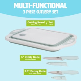 Tasty Multifunctional Cutlery Set, Includes Cutting Board with Built-In 7.5-Quart Collapsible Tub, Utility and Paring Knives, Space Saving Design, 3-Piece Set, Dishwasher Safe
