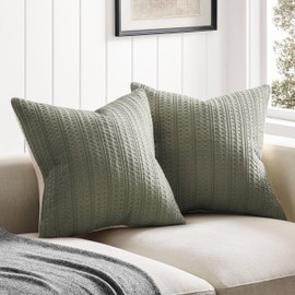 ZeeMart 100% Cotton Waffle Textured Throw Pillow Covers Set of 2, 20x20 Inch Olive, Soft Farmhouse Decorative Couch Pillow Cases Sage Green Cushion Covers for Sofa Bed Living Room Home Decor
