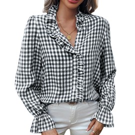 MINTLIMIT Womens Plaid Blouse Peasant Button Down Ruffle Neck Plaid Puff Long Sleeve Gingham Blouse Shirts Black