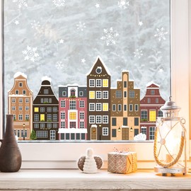 Wandtattoo Loft Window Stickers Christmas Amsterdam House Row - Reusable - A4 Sheet, 34 Stickers - Christmas Decoration Window, Christmas Pictures Window, Window Picture Winter Snowflakes