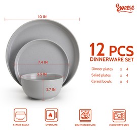 Sweese Dinnerware Sets,12 Pieces Porcelain Round Plates and Bowls Sets, Dishes Set for 4, Chip Scratch Dishwasher Microwave and Oven Safe Dishware Sets, Grey