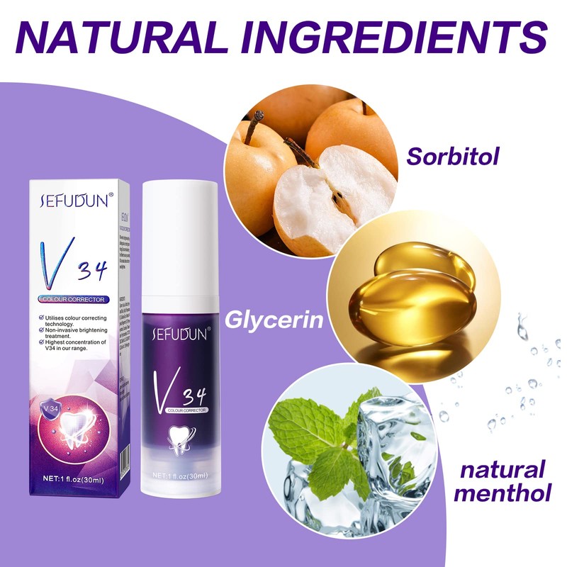 V34 Teeth Whitening, Colour Correction Toothpaste, Purple Toothpaste, Gum Removal,