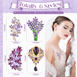 Tondiamo 4 Pcs Vintage Purple Brooches Crystal Lavender Flower Brooch Green Austrian Crystal Leaf Bouquet Teardrop Bouquet Poppy Flower for Woman Gift
