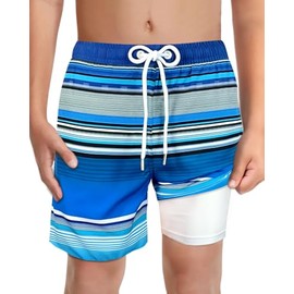 LUCOWEE Traje de baño para niños con forro tipo bóxer sin rozaduras con forro de compresión elástico UPF 50+ para niños, Raya Azul, 14-16